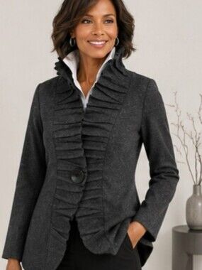 Joseph Ribkoff Architectural Ruffle Jacket Avant Garde Artsy Gray Blazer
